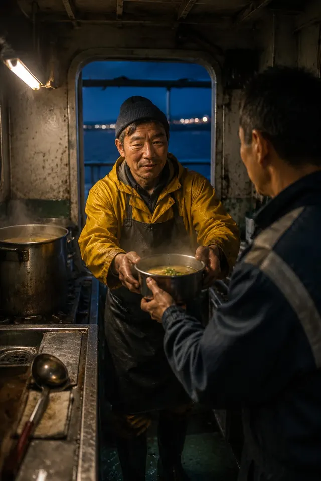 黑哥 AI 原创人像摄影案例:夜渡轮机舱厨师:船身转弯倾斜时稳住汤锅并把第一份热食递给刚换班的机工。