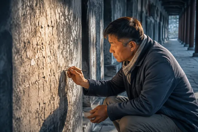 黑哥 AI 原创人像摄影案例:石碑字迹修复师:用斜光辨认残余笔画。