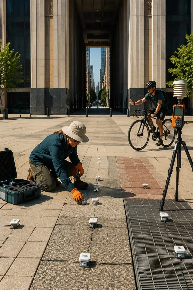 黑哥 AI 原创人像摄影案例:城市热岛测绘员:在不同路面放置温度计。