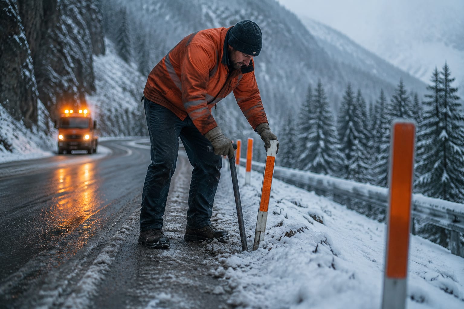 黑哥 AI 原创人像摄影案例：雪线道路标杆安装员：把反光标杆打入结冰路肩。