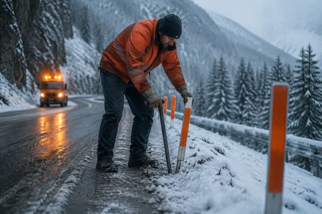黑哥 AI 原创人像摄影案例:雪线道路标杆安装员:把反光标杆打入结冰路肩。