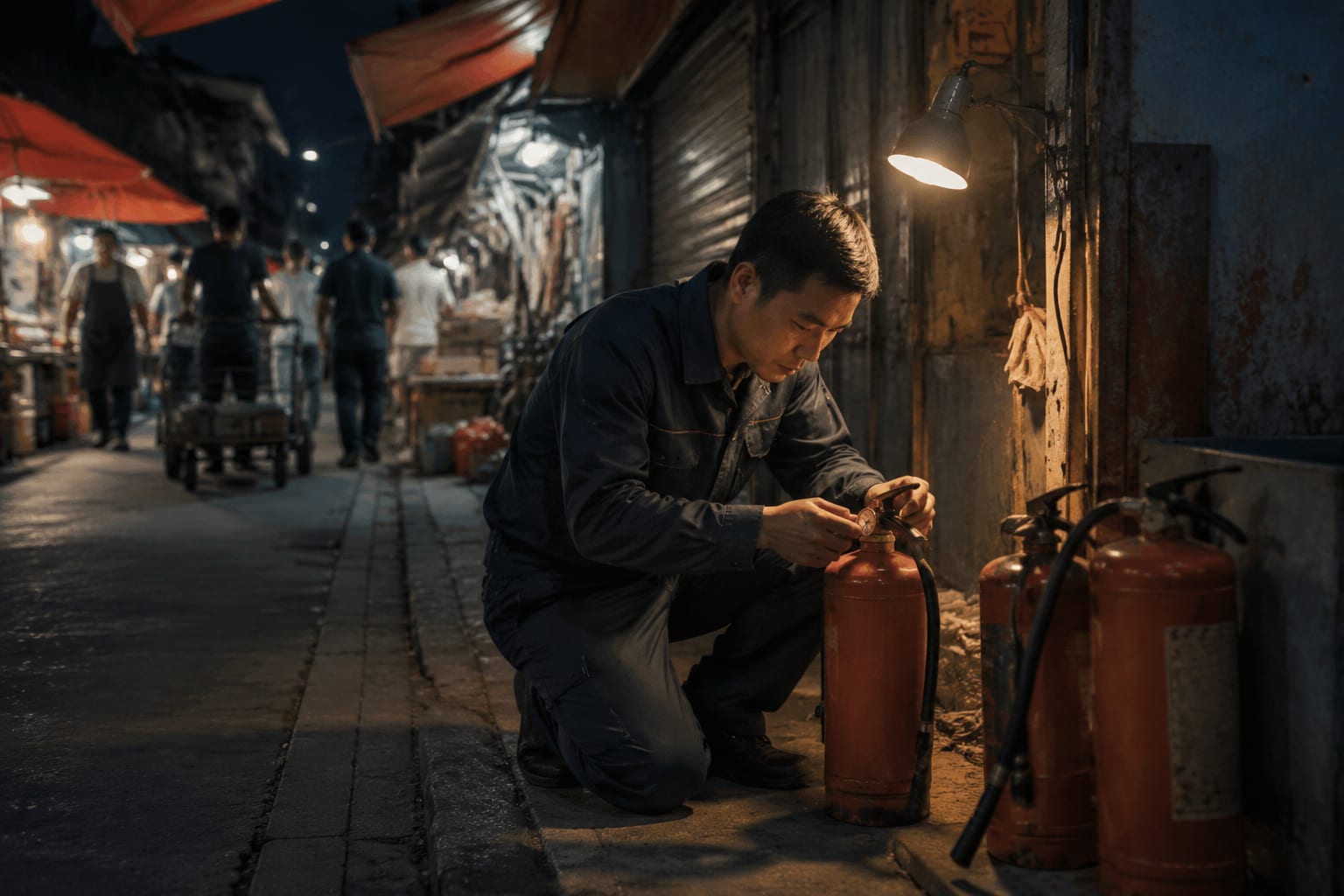 黑哥 AI 原创人像摄影案例：夜市灭火器巡查员：逐摊核对压力表与封签。
