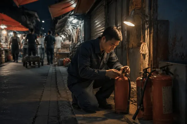 黑哥 AI 原创人像摄影案例:夜市灭火器巡查员:逐摊核对压力表与封签。