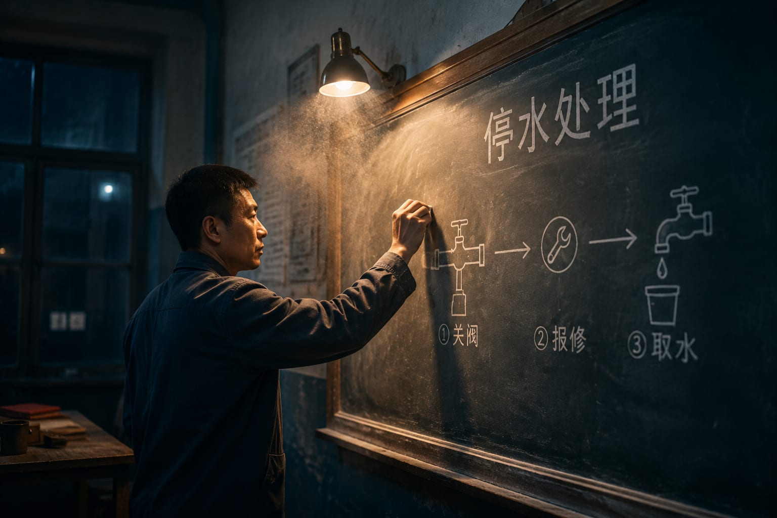 黑哥 AI 原创人像摄影案例：夜校值班老师：在旧黑板上完成一张准确的停水应急流程图。