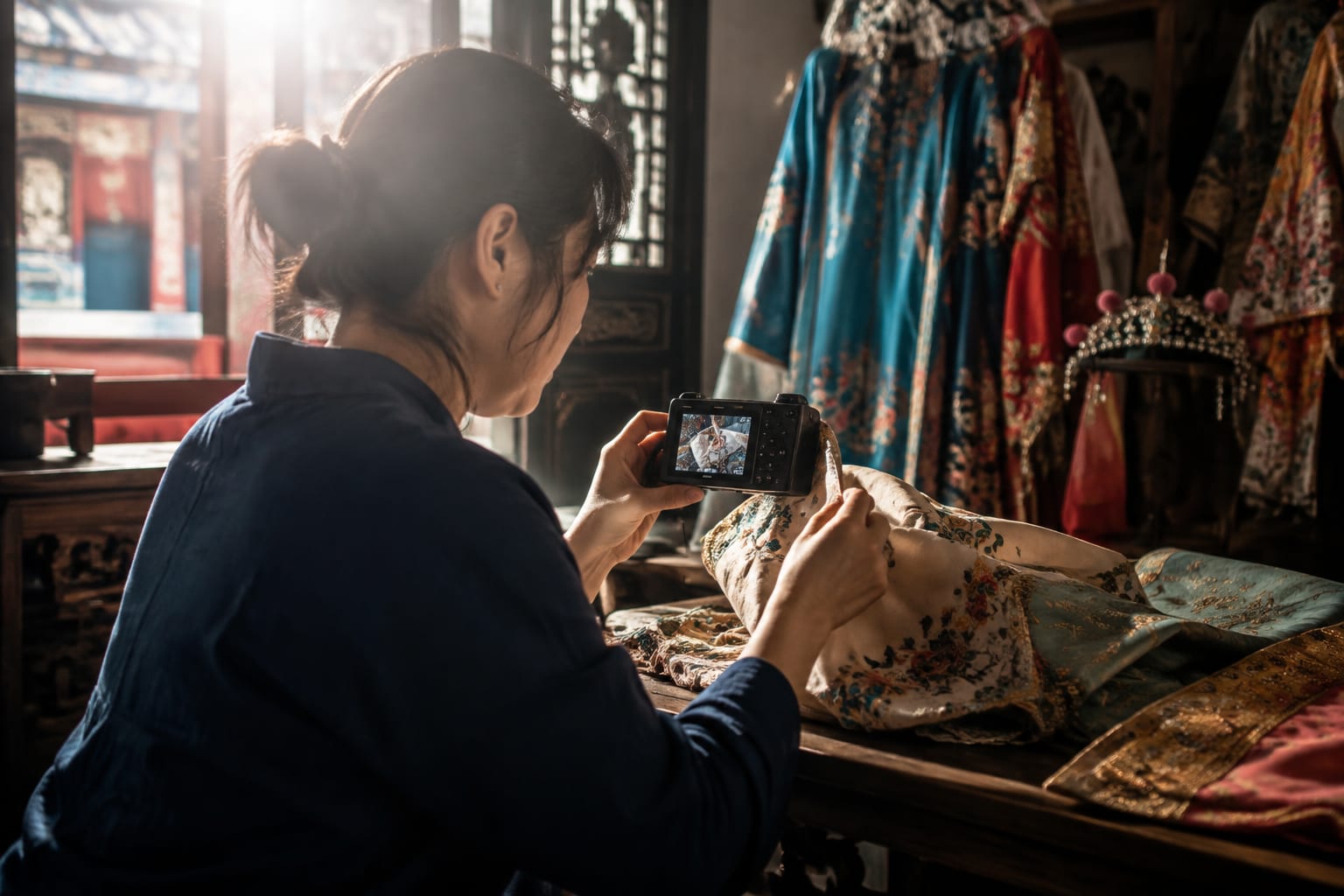 黑哥 AI 原创人像摄影案例：社区戏服修复师：透过旧数码相机液晶屏核对绣线颜色。