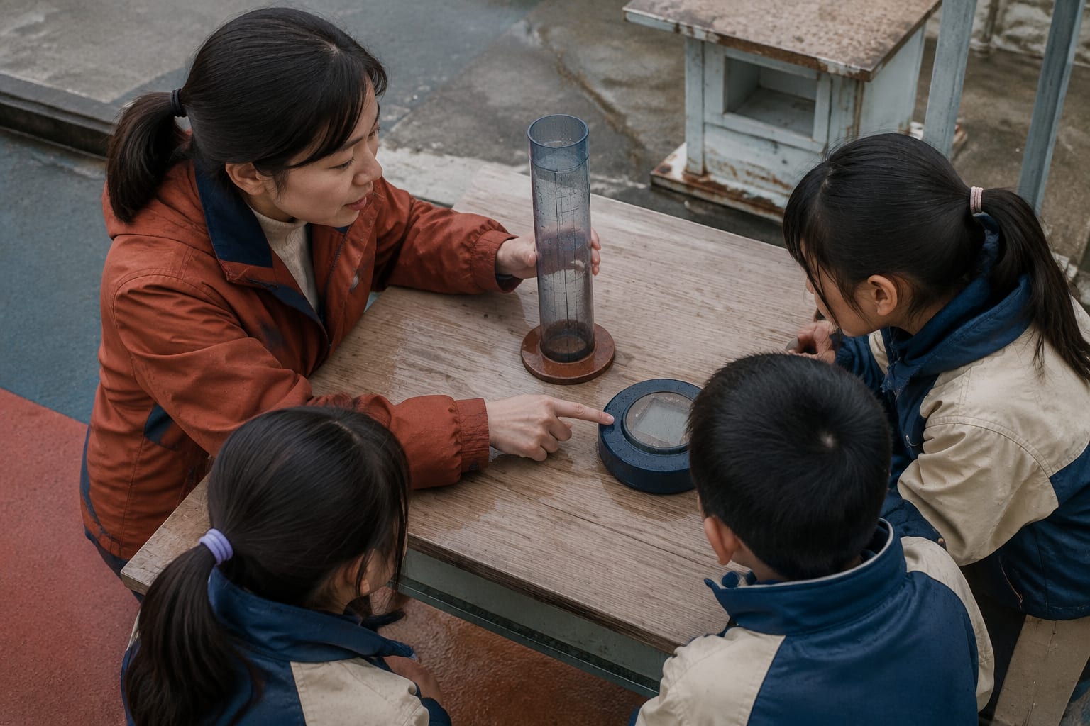 黑哥 AI 原创人像摄影案例：校园雨量课教师：带学生同时读手动雨量筒和电子计并讨论偏差。
