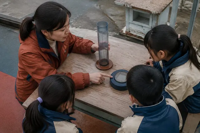 黑哥 AI 原创人像摄影案例:校园雨量课教师:带学生同时读手动雨量筒和电子计并讨论偏差。