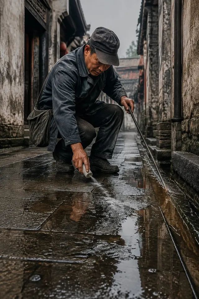 黑哥 AI 原创人像摄影案例:老巷排水测绘员:沿积水撒可洗粉线。