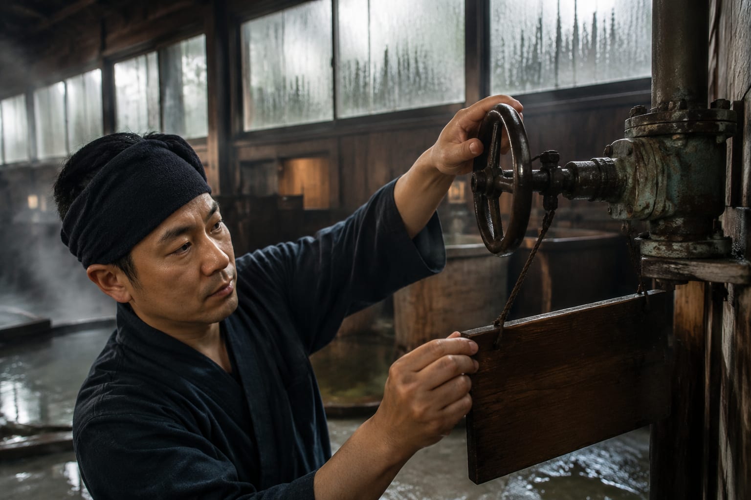 overnight public-bath attendant: checks a steam valve and hangs a wooden entry sign for people waiting, an original Portrait Photography image from HeiGe AI.