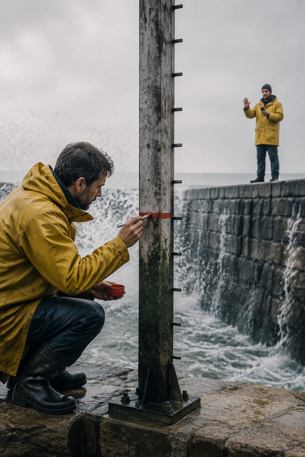 tidal gauge inspector: repaints a tide gauge zero mark before the water returns and confirms it with a distant colleague, an original Portrait Photography image from HeiGe AI.