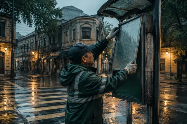 黑哥 AI 原创人像摄影案例:公交站牌维护员:更换被雨水泡坏的路线牌底板。