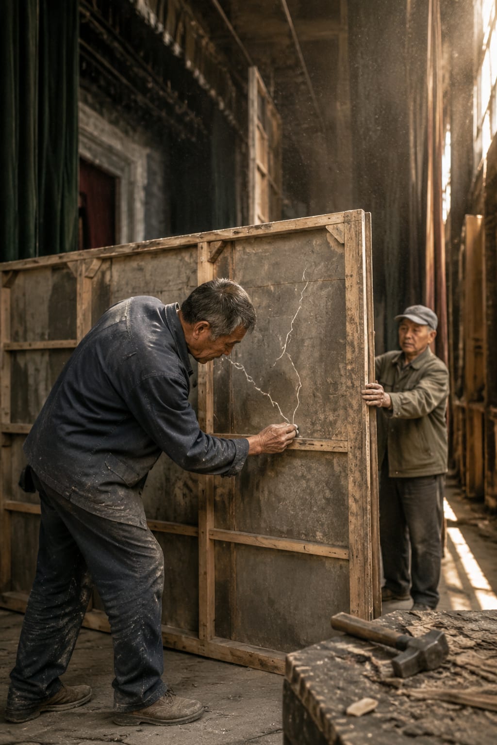 黑哥 AI 原创人像摄影案例：旧剧场布景木工：用粉笔在旧景片背面标记裂纹。