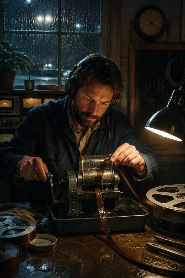 community audio-restoration technician: threads a damp tape through a hand-cranked cleaner and pauses to identify a faint voice, an original Portrait Photography image from HeiGe AI.