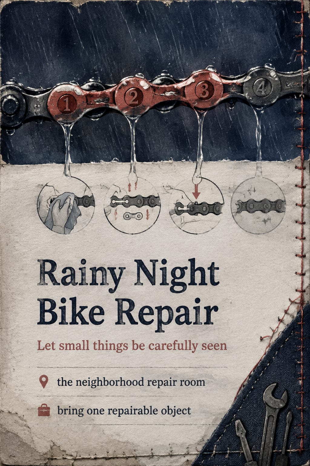 Rainy Night Bike Repair, an original Posters & Editorial image from HeiGe AI.