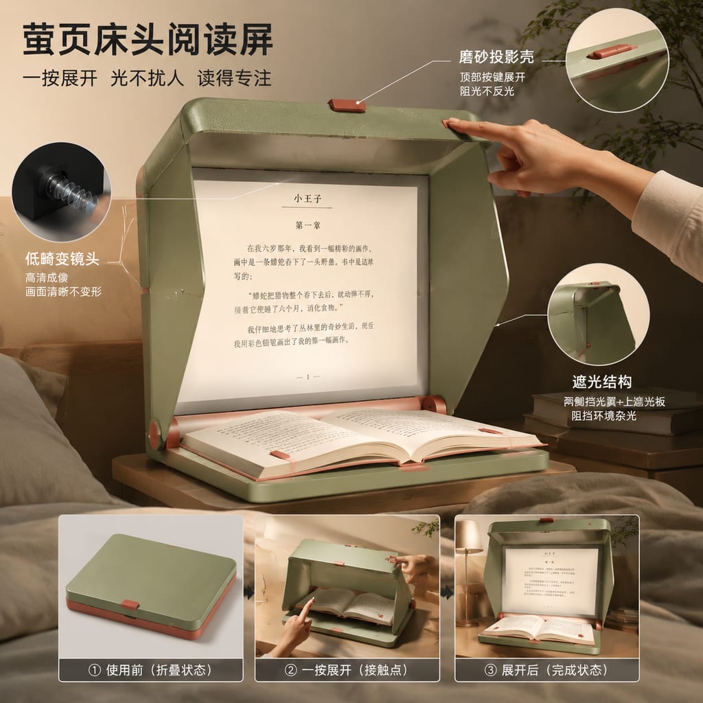 黑哥 AI 原创产品摄影案例：萤页床头阅读屏购买证据主图。