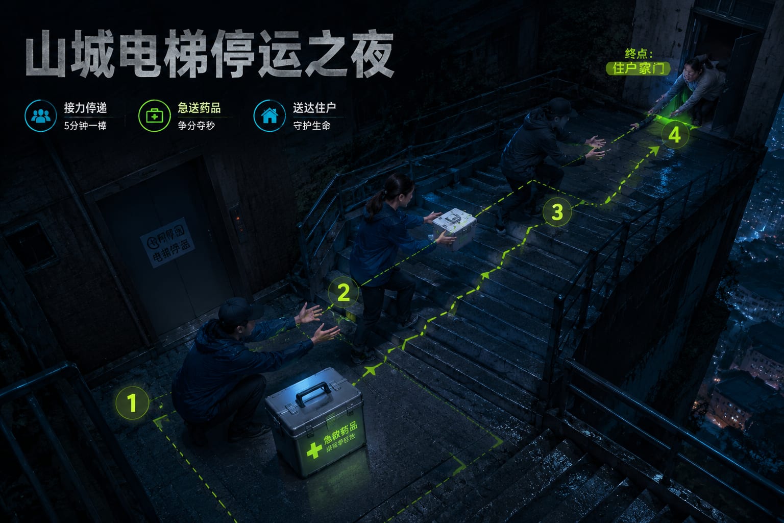 黑哥 AI 原创电影感场景案例:山城电梯停运之夜叙事关键帧。