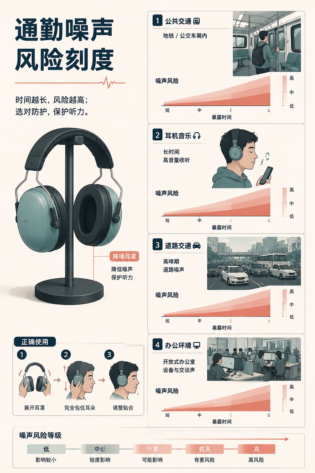 黑哥 AI 原创信息图与示意图案例：通勤噪声风险刻度。