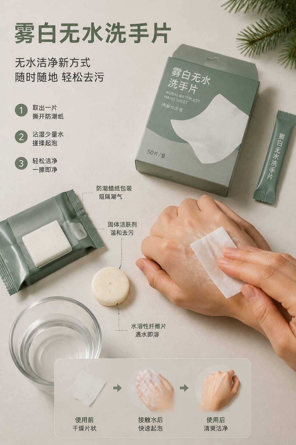 黑哥 AI 原创产品摄影案例:雾白无水洗手片购买证据主图。