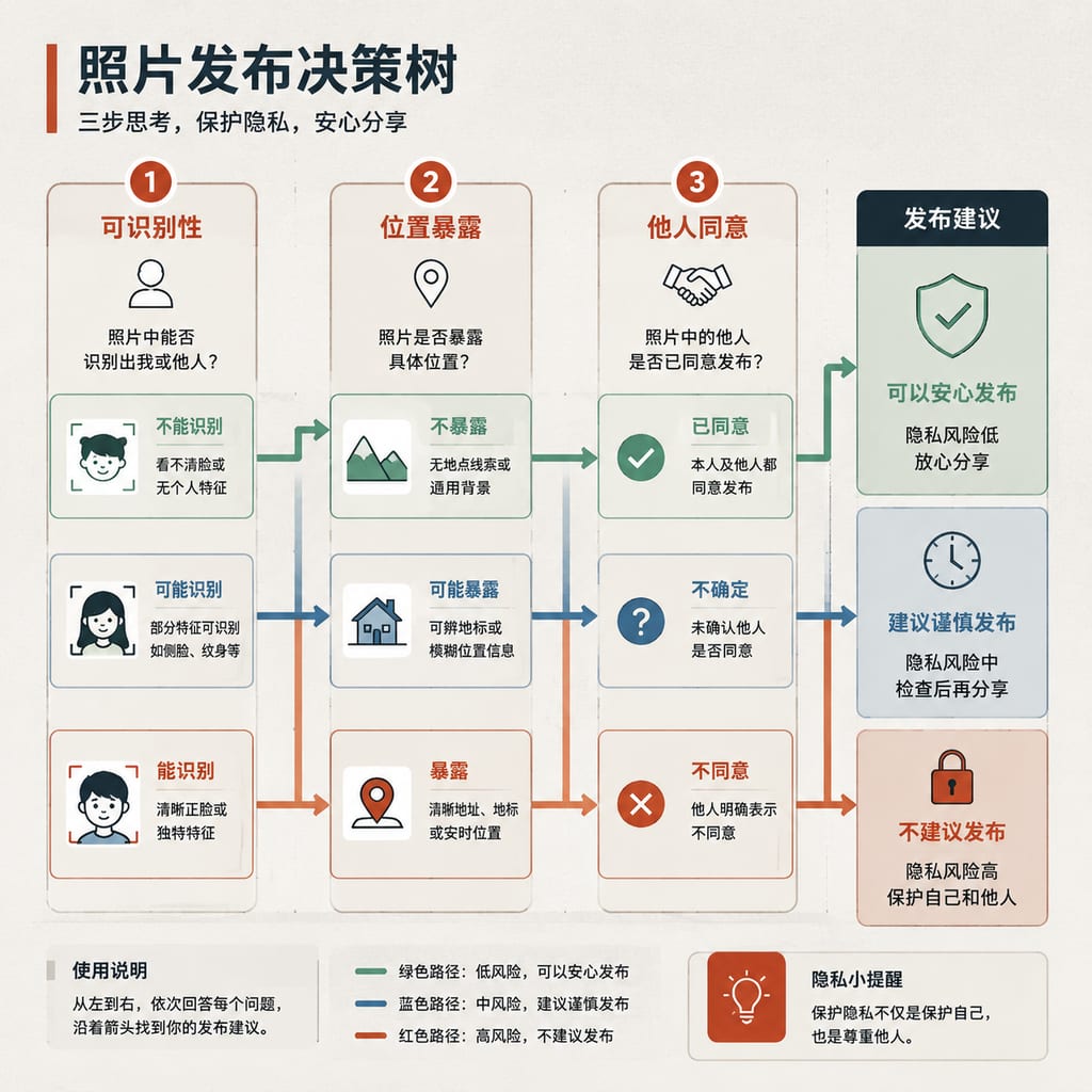 黑哥 AI 原创信息图与示意图案例：照片发布决策树。