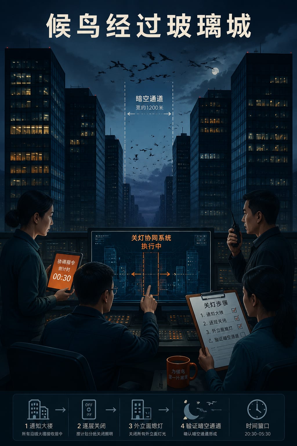黑哥 AI 原创电影感场景案例:候鸟经过玻璃城叙事关键帧。