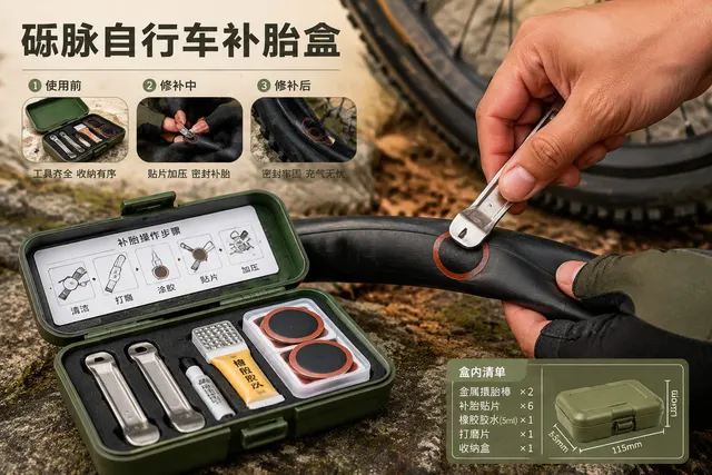 黑哥 AI 原创产品摄影案例：砾脉自行车补胎盒购买证据主图。