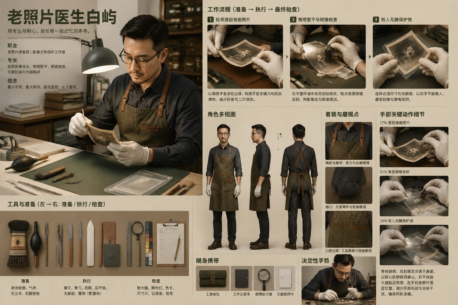 黑哥 AI 原创角色与 3D 玩偶案例：老照片医生白屿制作级人物设定。