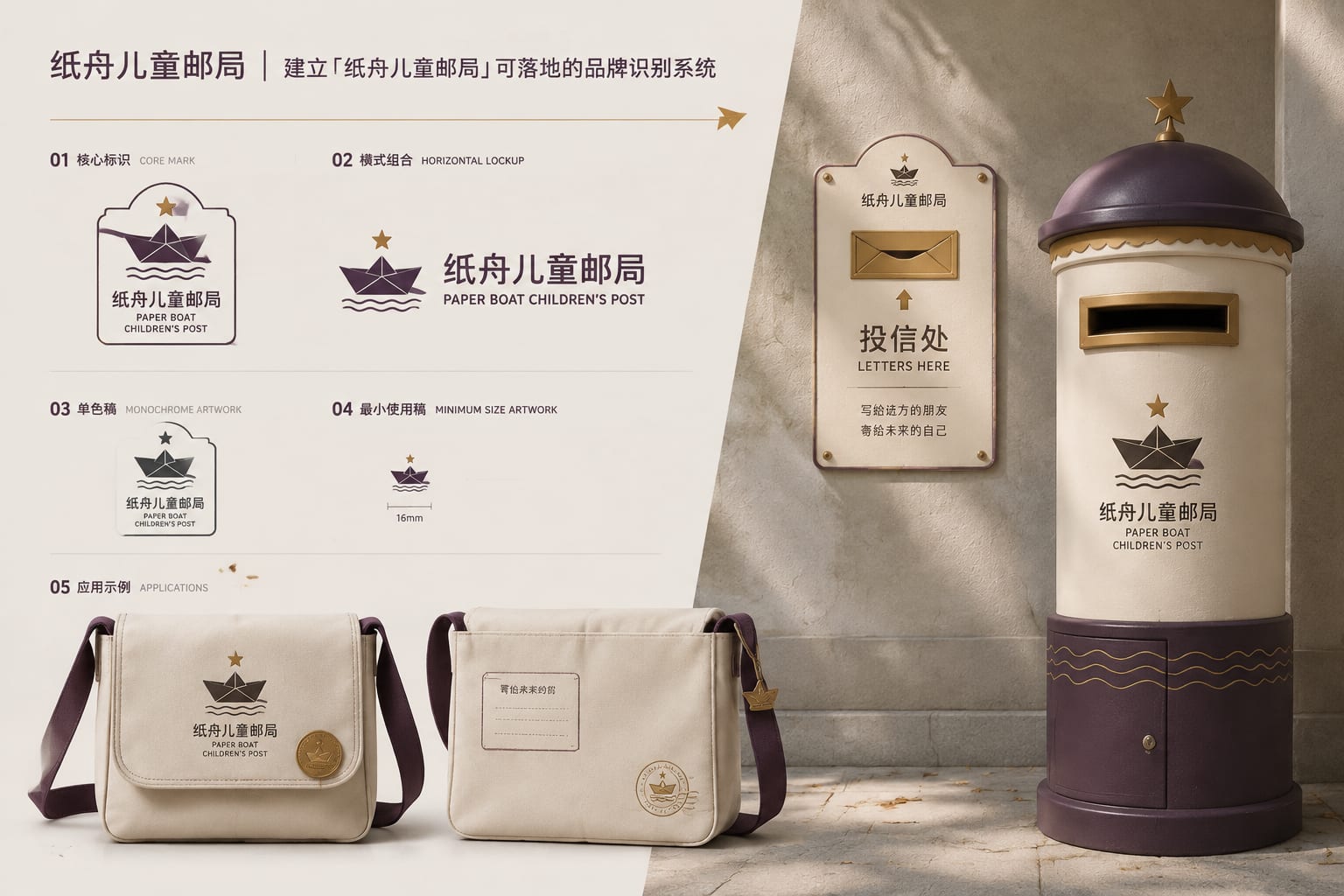 黑哥 AI 原创品牌识别案例:纸舟儿童邮局品牌识别提案。