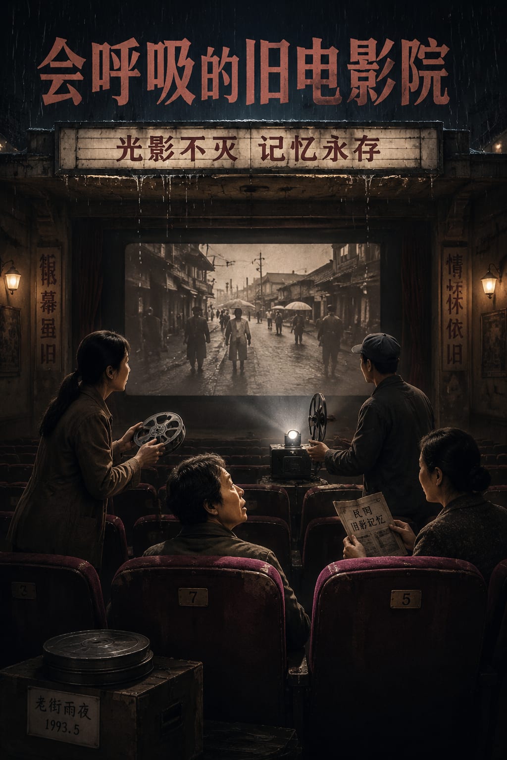 黑哥 AI 原创电影感场景案例:会呼吸的旧电影院叙事关键帧。