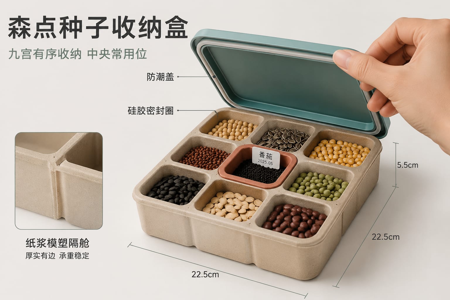 黑哥 AI 原创产品摄影案例:森点种子收纳盒购买证据主图。