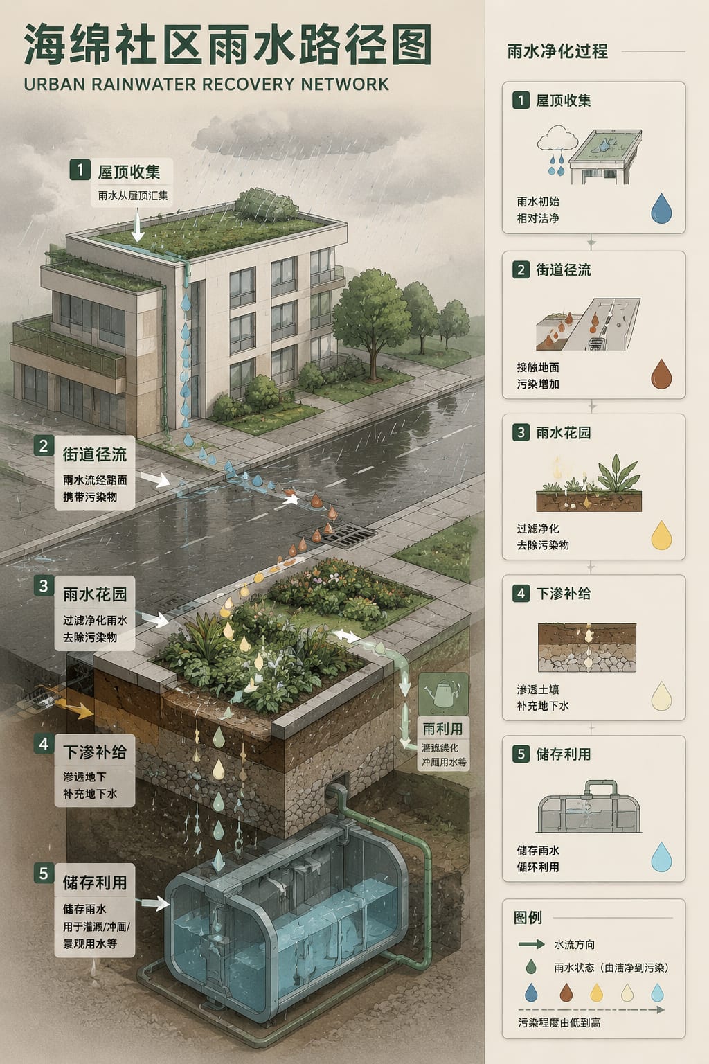 黑哥 AI 原创信息图与示意图案例：海绵社区雨水路径图。