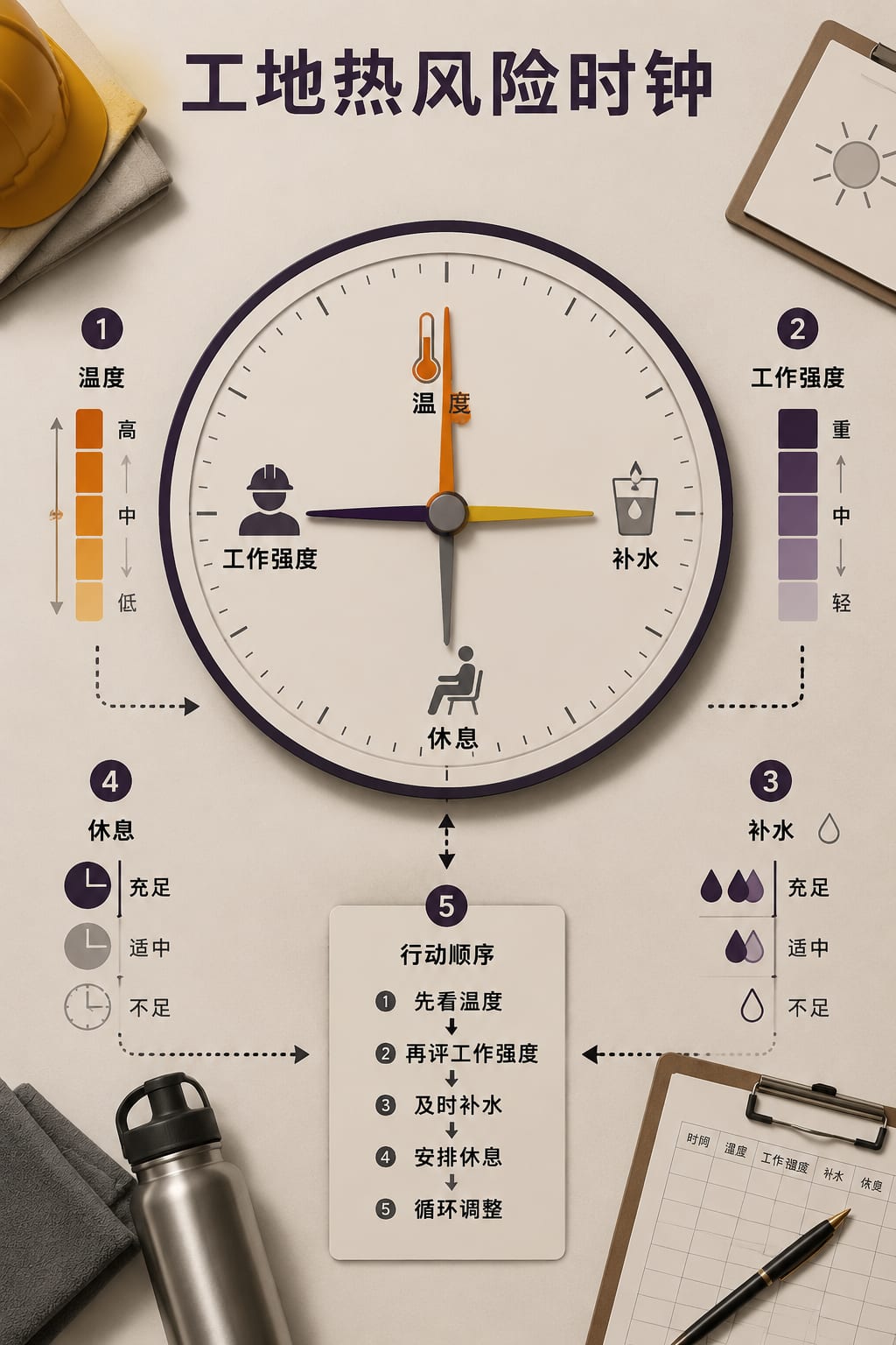 黑哥 AI 原创信息图与示意图案例：工地热风险时钟。
