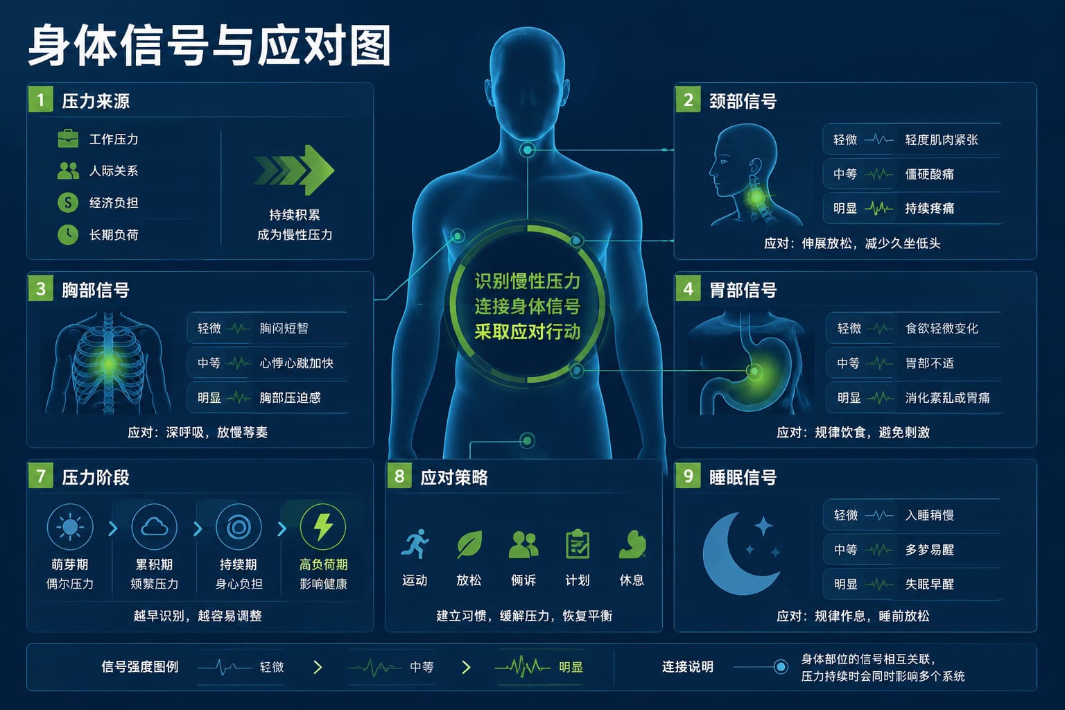 黑哥 AI 原创信息图与示意图案例：身体信号与应对图。