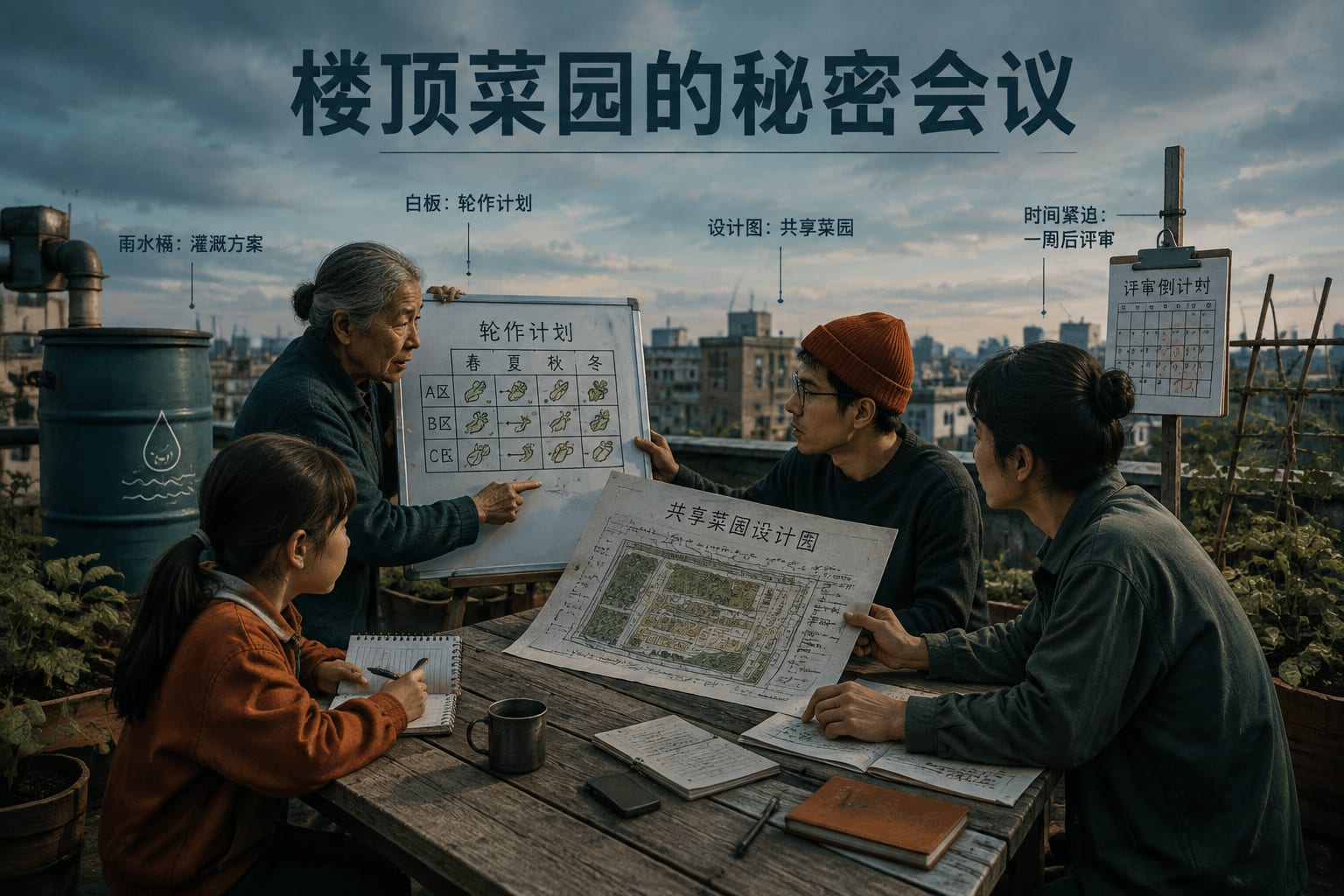 黑哥 AI 原创电影感场景案例:楼顶菜园的秘密会议叙事关键帧。