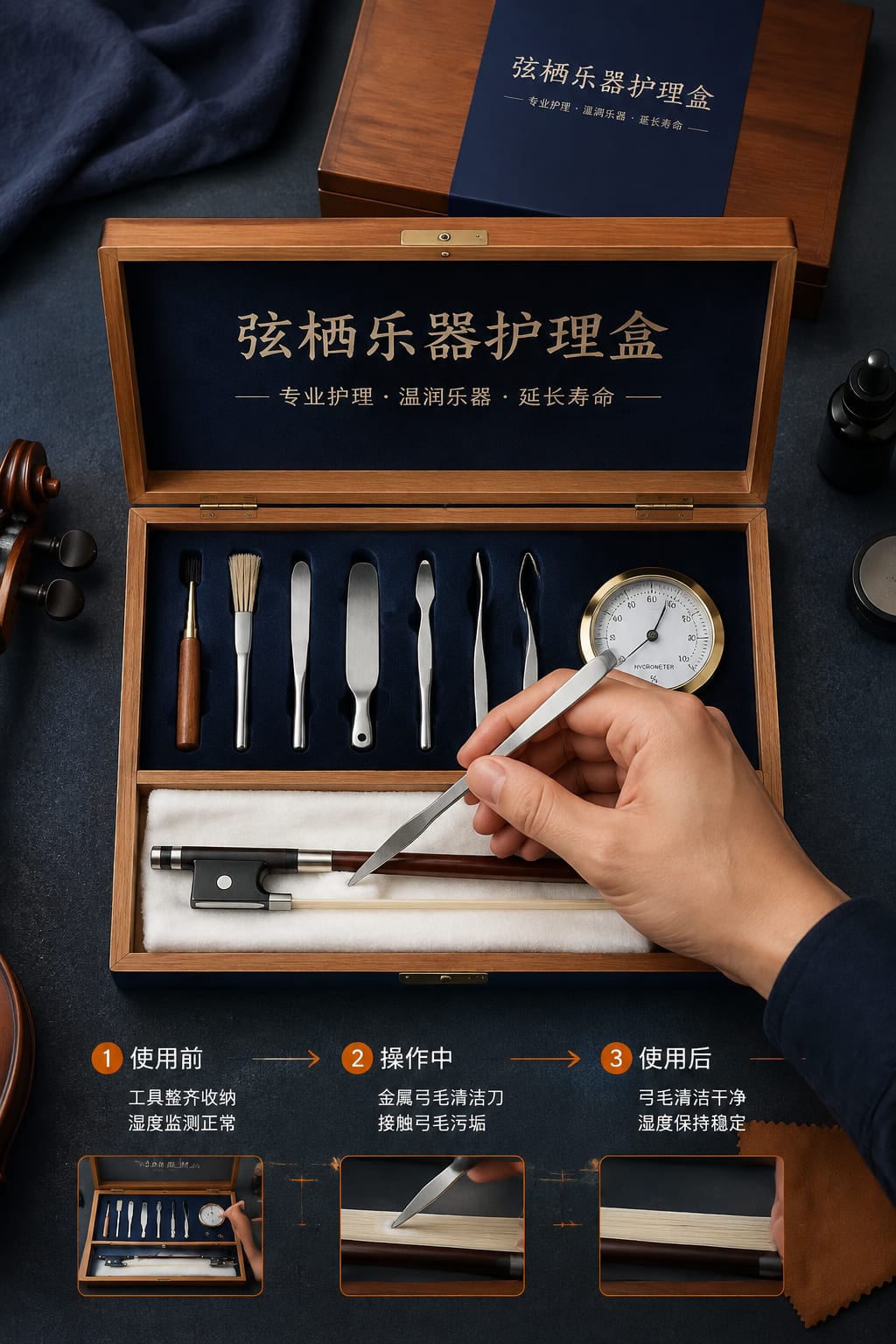 黑哥 AI 原创产品摄影案例:弦栖乐器护理盒购买证据主图。