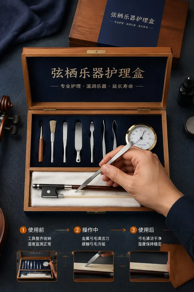 黑哥 AI 原创产品摄影案例：弦栖乐器护理盒购买证据主图。