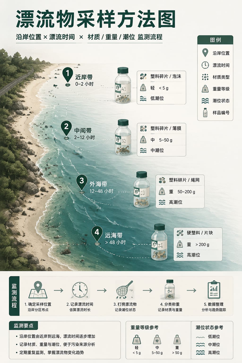 黑哥 AI 原创信息图与示意图案例：漂流物采样方法图。