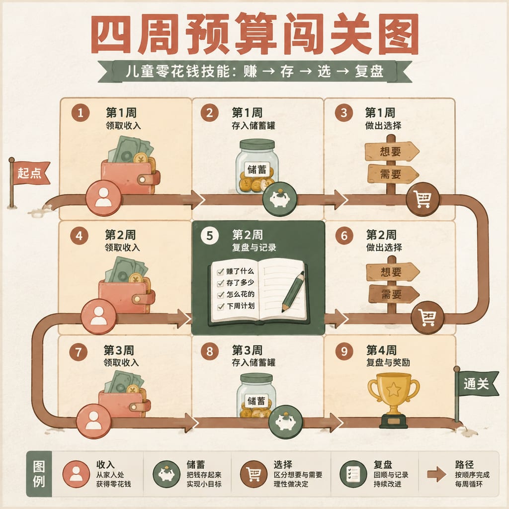 黑哥 AI 原创信息图与示意图案例：四周预算闯关图。