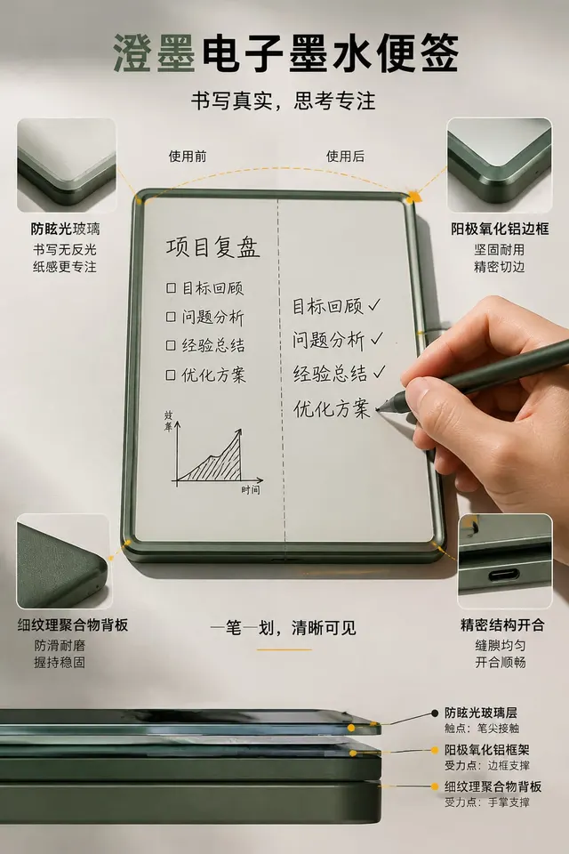 黑哥 AI 原创产品摄影案例：澄墨电子墨水便签购买证据主图。