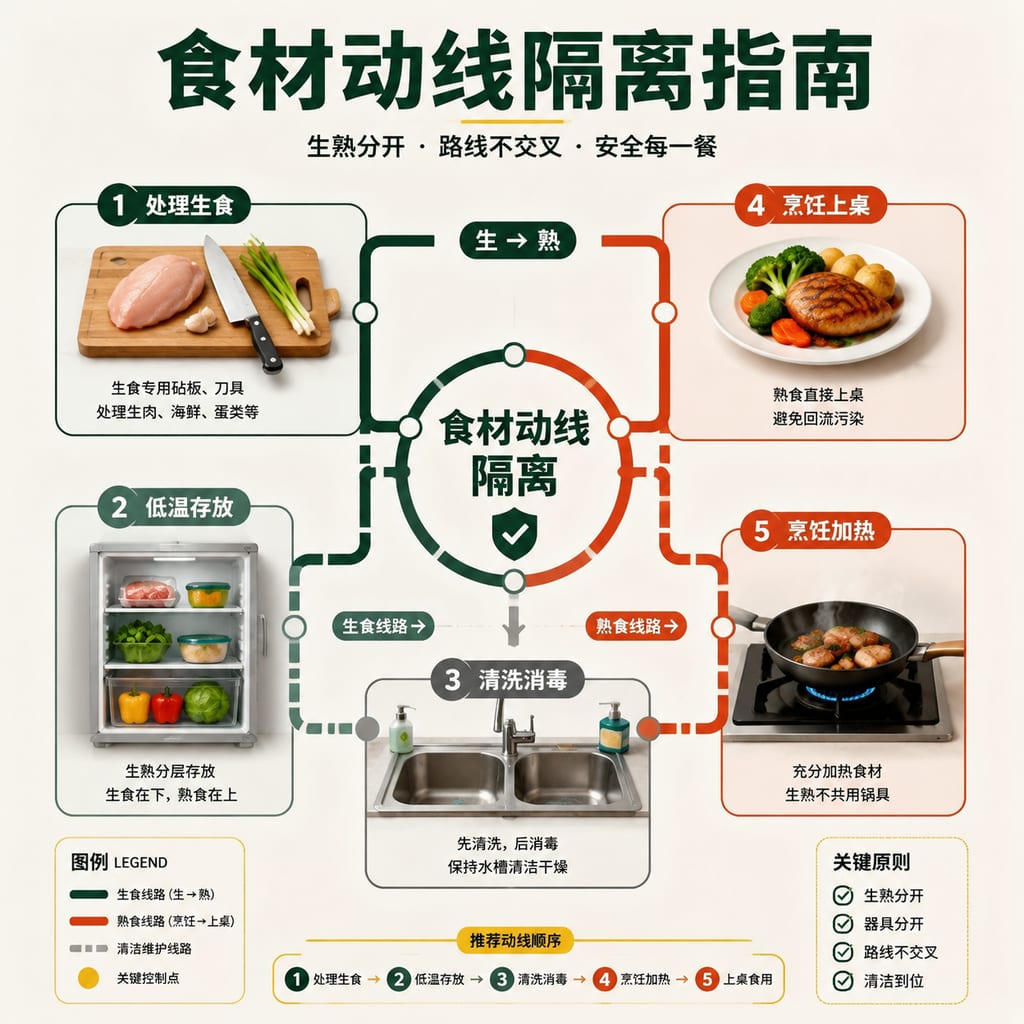 黑哥 AI 原创信息图与示意图案例：食材动线隔离指南。