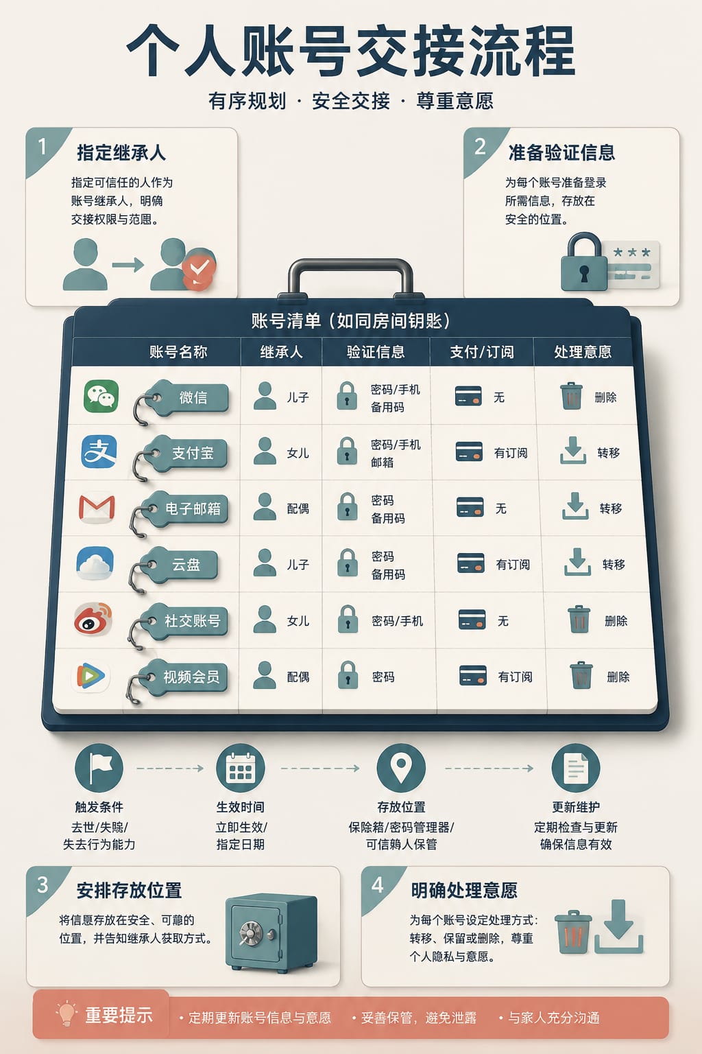 黑哥 AI 原创信息图与示意图案例：个人账号交接流程。