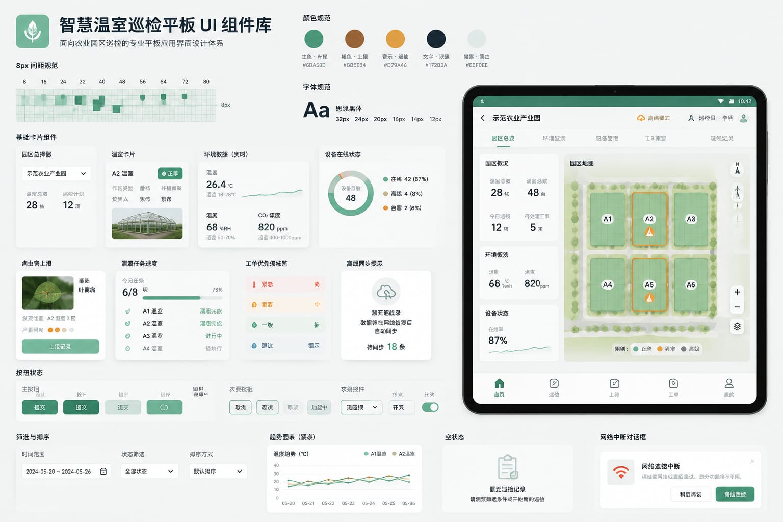 黑哥 AI 原创UI 模拟界面案例：智慧温室巡检平板组件规范。