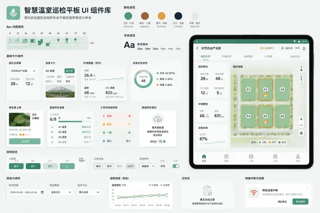 黑哥 AI 原创UI 模拟界面案例：智慧温室巡检平板组件规范。