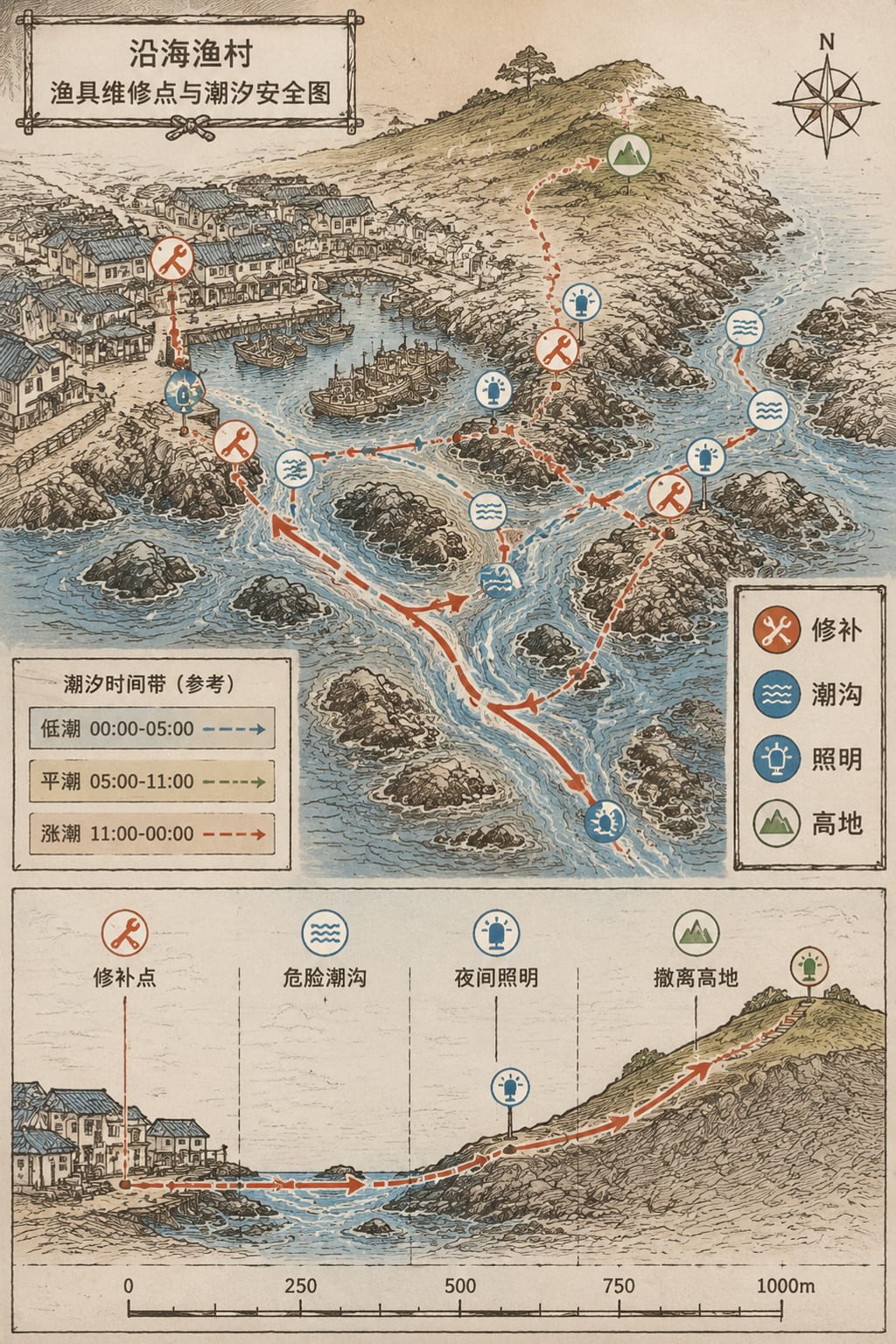 黑哥 AI 原创建筑与室内案例:沿海渔具修补点与潮位安全地图:把修补点、危险潮沟、夜间照明与撤离高地组合成渔民真正可用的安全图。