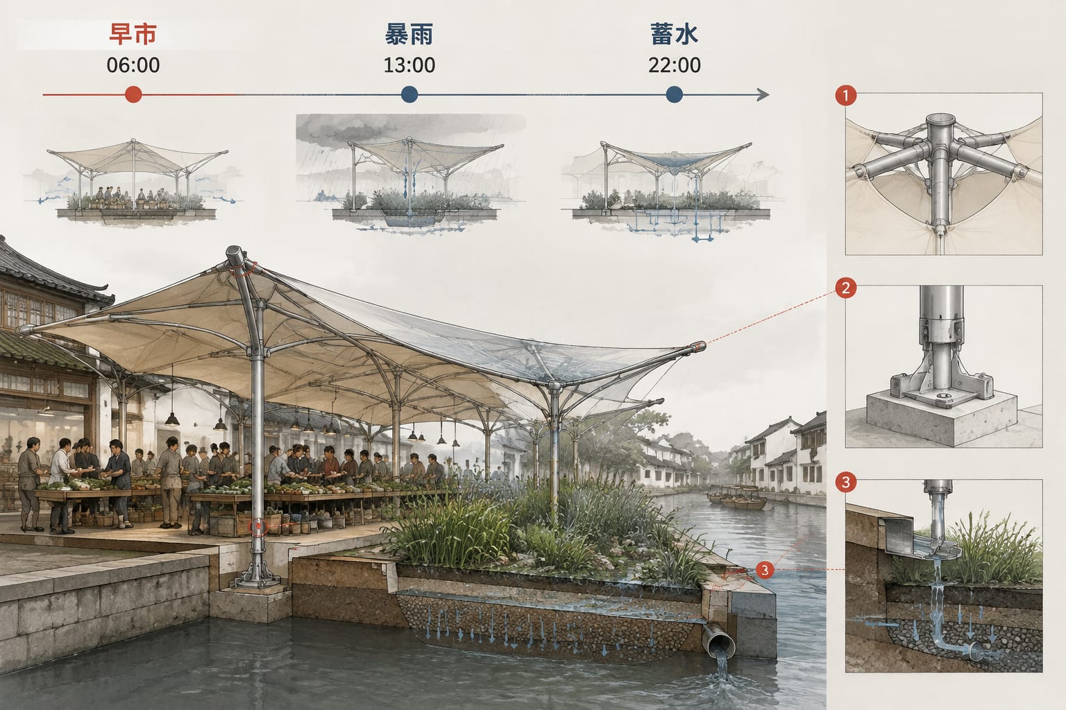 黑哥 AI 原创建筑与室内案例:市场雨棚兼雨洪花园的运营信息图:用一天时间轴解释雨棚如何在早市、暴雨和夜间蓄水三个模式间切换。