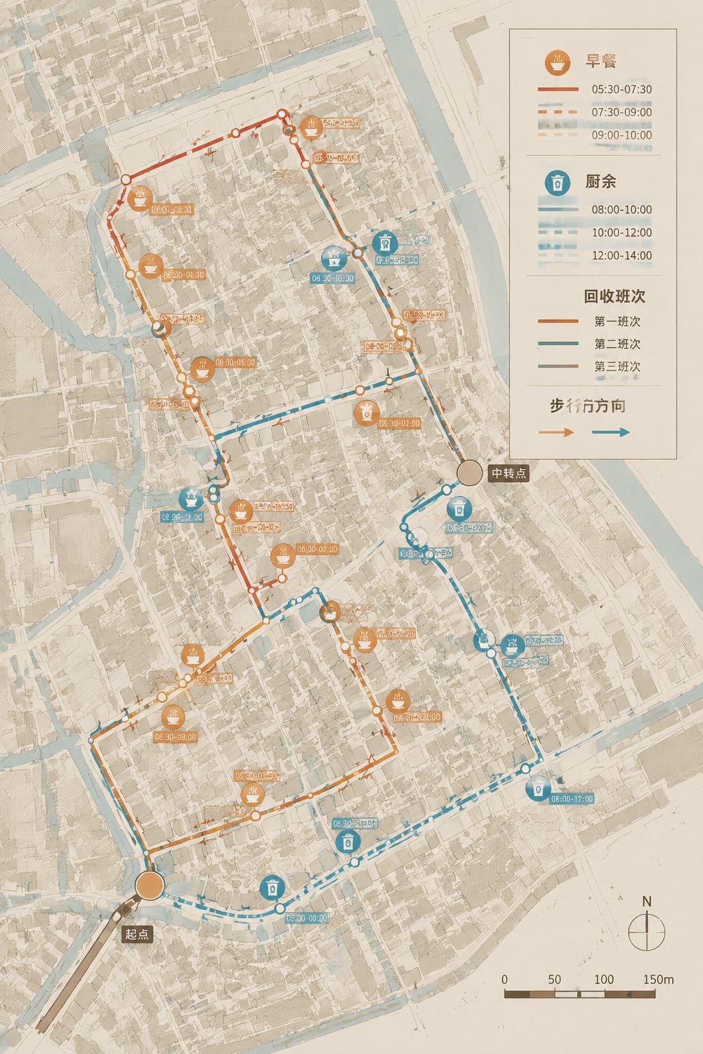 黑哥 AI 原创建筑与室内案例:社区早餐摊与垃圾回收路线共生地图:把早餐摊营业时段与厨余回收班次叠在同一街区路径上。