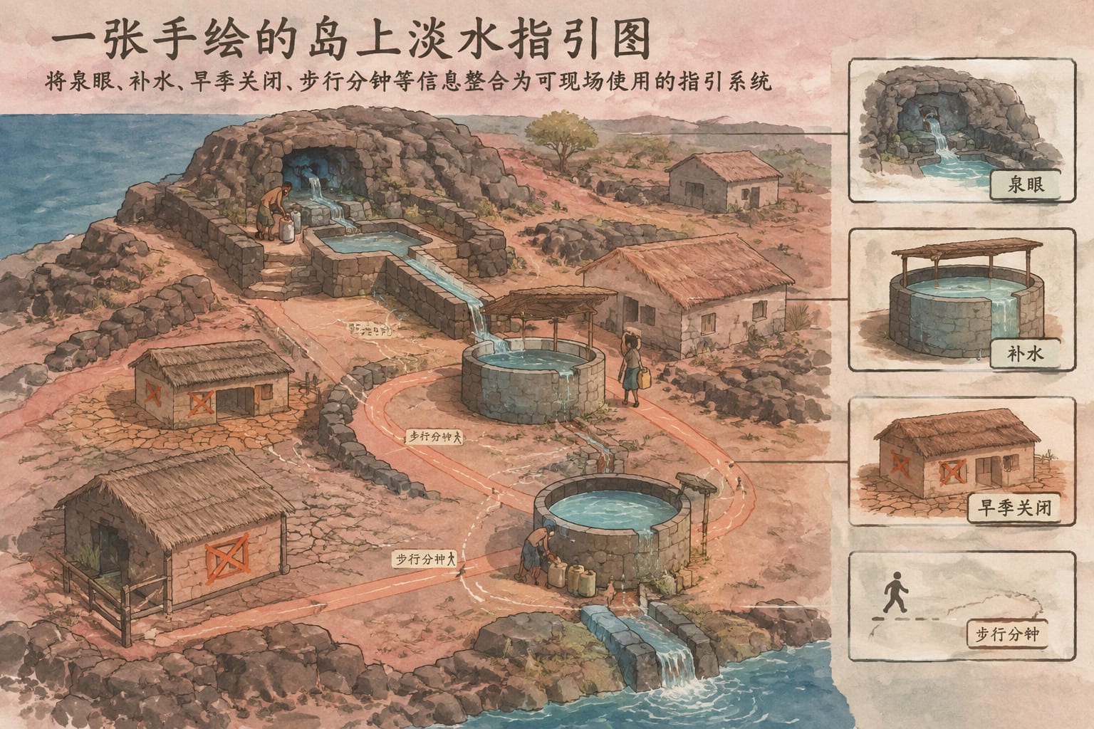 黑哥 AI 原创建筑与室内案例:海岛淡水补给点手绘导览图:把泉眼、公共水箱、步行时间与旱季关闭点绘成可现场使用的导览系统。