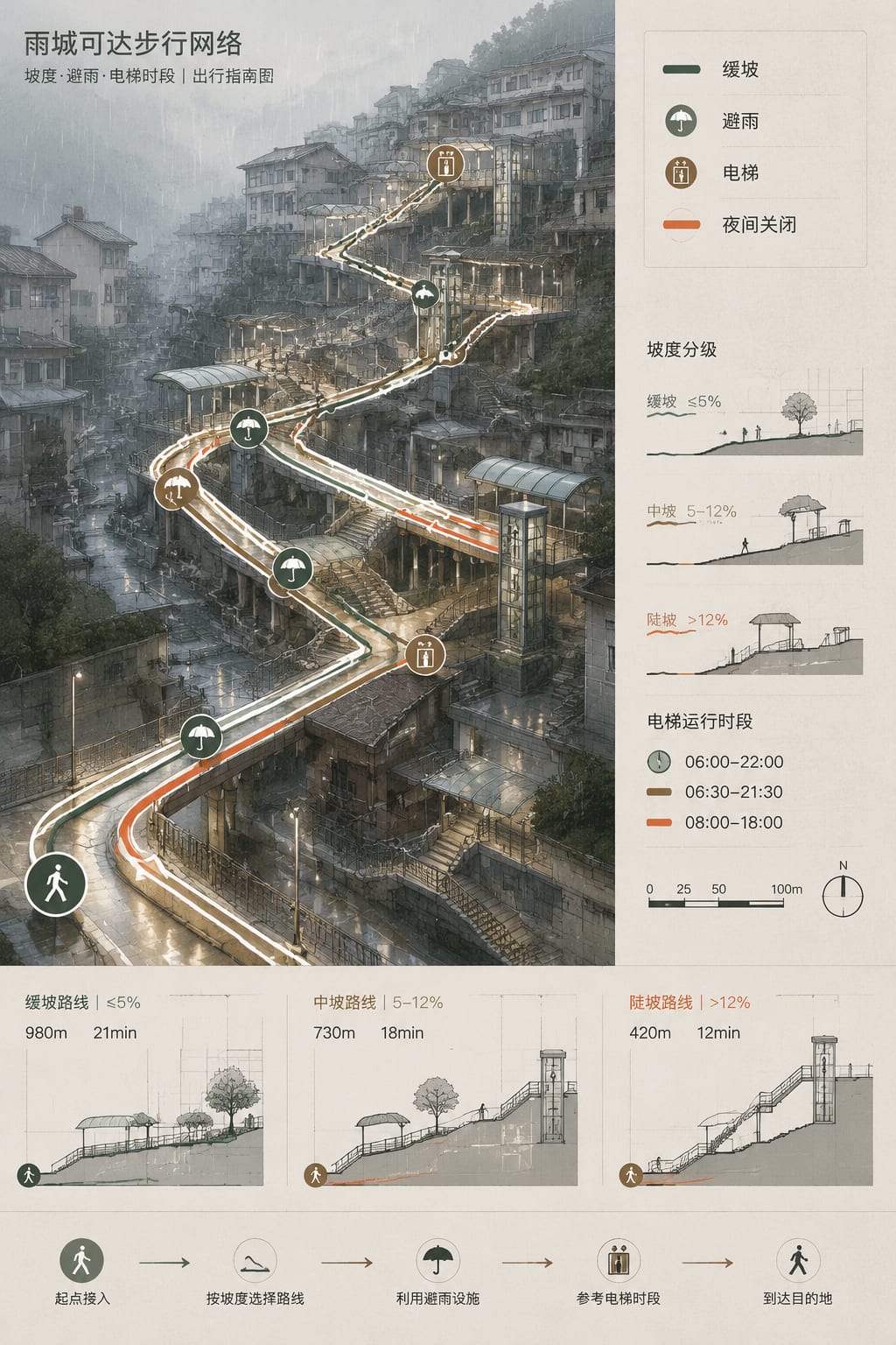 黑哥 AI 原创建筑与室内案例:雨季山城无障碍步行网络地图:以坡度、遮雨节点和电梯开放时间组织三条不同体力人群的可达路线。