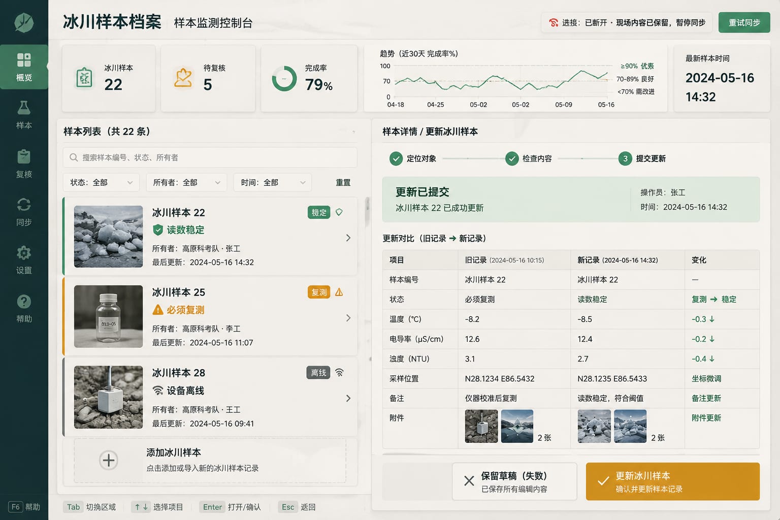 黑哥 AI 原创UI 模拟界面案例：冰川样本档案。