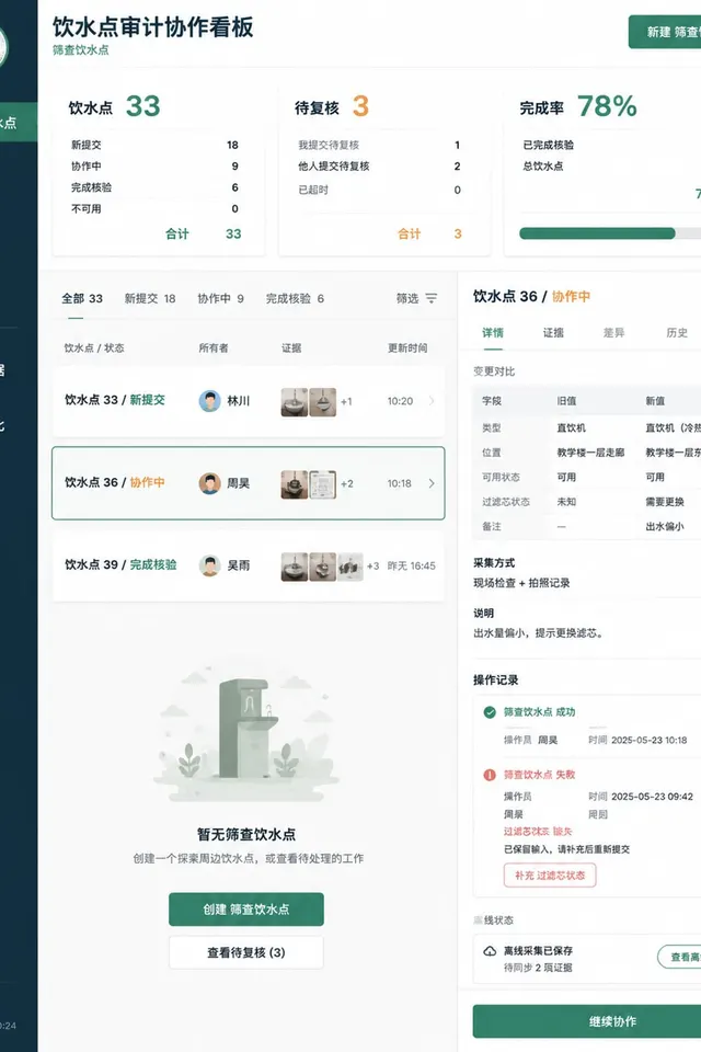 黑哥 AI 原创UI 模拟界面案例：公园饮水点巡检。