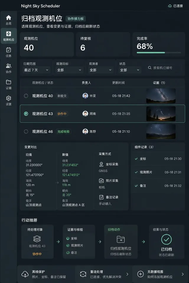 黑哥 AI 原创UI 模拟界面案例：夜空观测排期。